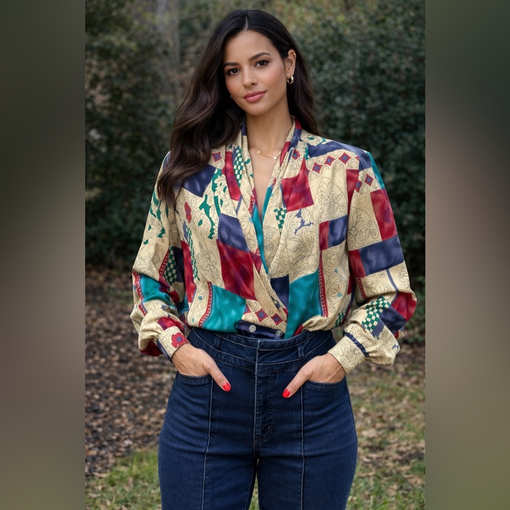 SOLD Vintage DEEP V Multicolor Blouse SIZE 6
